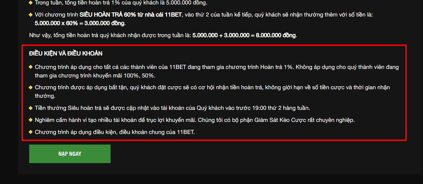 Người chơi nên đọc kỹ các điều kiện nhận khuyến mãi 11bet