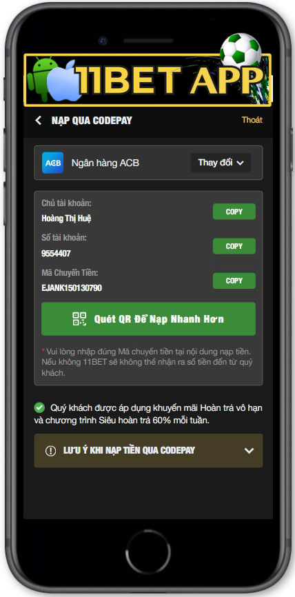 Hướng dẫn nạp tiền codepay tại 11bet