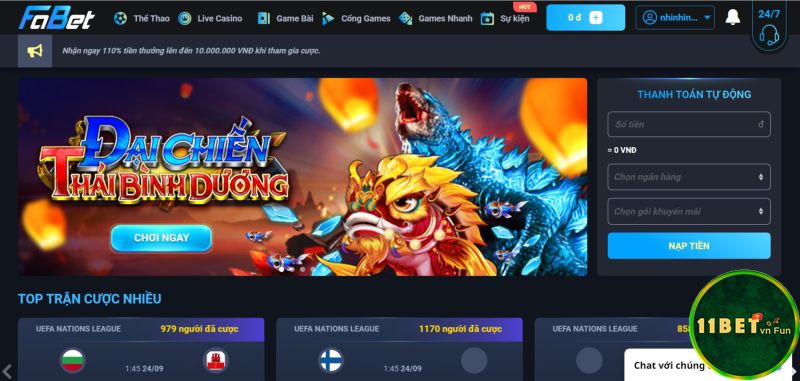 Giao diện 11bet và Fabet đều nổi bật với tông màu trầm tối 