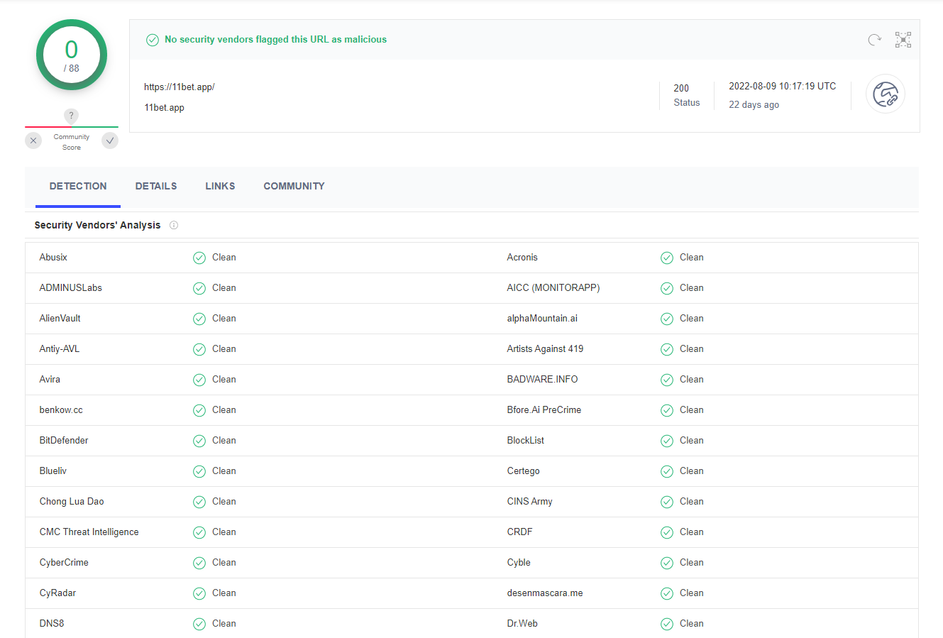Kiểm tra độ uy tín của 11bet bằng VirusTotal