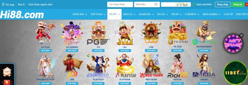 Số lượng trò chơi tại 11bet và Hi88 đa dạng