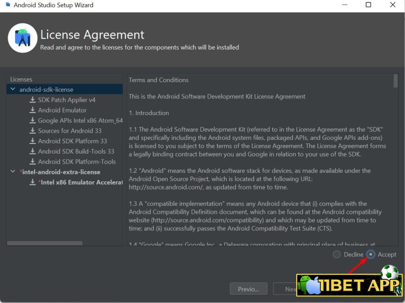 Bấm chọn Accept để cài app 11bet trên Laptop / Máy tính / PC bằng Android Studio giả lập Android