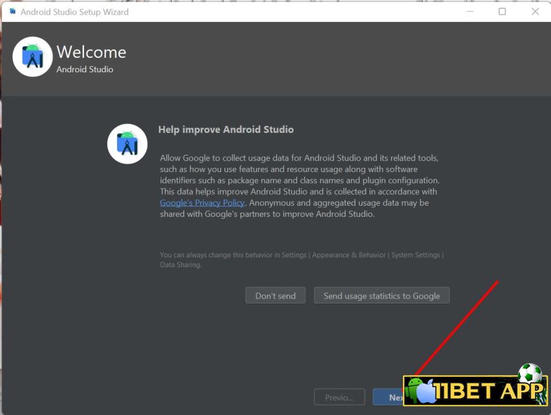 Bấm chọn Next để cài app 11bet trên Laptop / Máy tính / PC bằng Android Studio giả lập Android