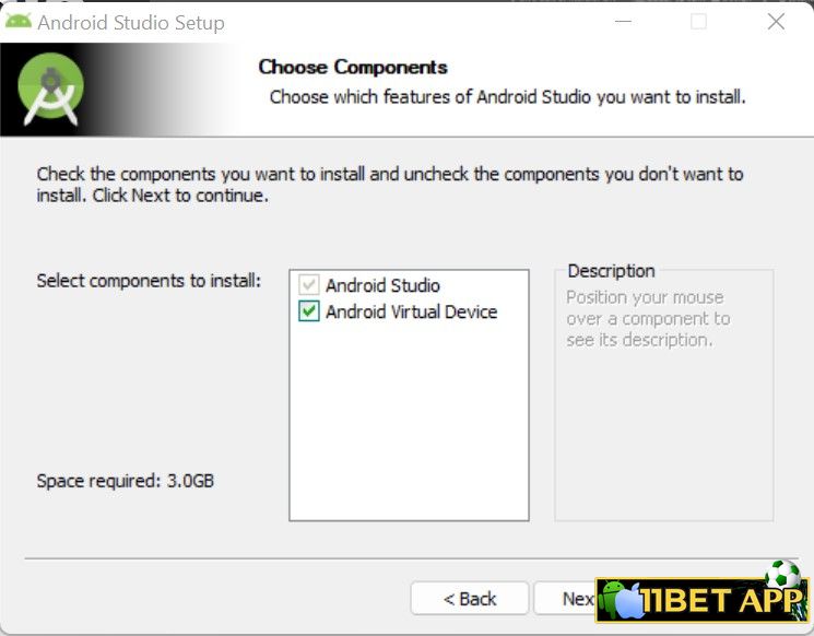 Bấm chọn Next để tiếp tục cài app 11bet trên Laptop / Máy tính / PC bằng Android Studio giả lập Android 