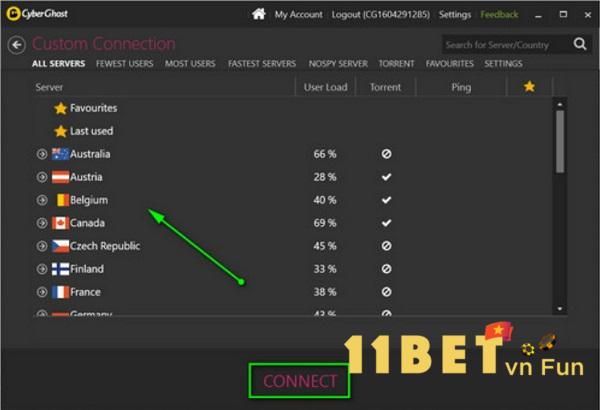 Bạn chọn quốc gia bất kỳ, nhấn “Connect” để kết nối