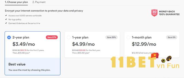 Chọn gói cước và thanh toán mức phí cho nhà phát hành NordVPN