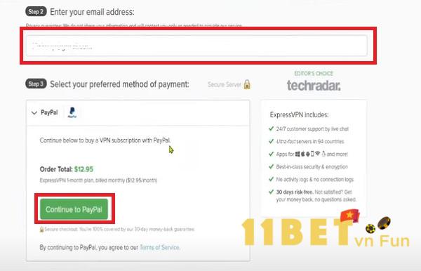 Nhập email vào khung, sau đó chọn phương thức thanh toán 
