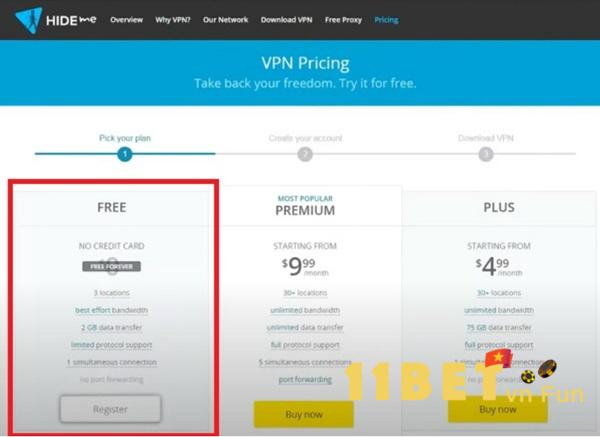 Bạn cần nhấn chọn gói dịch vụ Free, rồi chọn "Register"