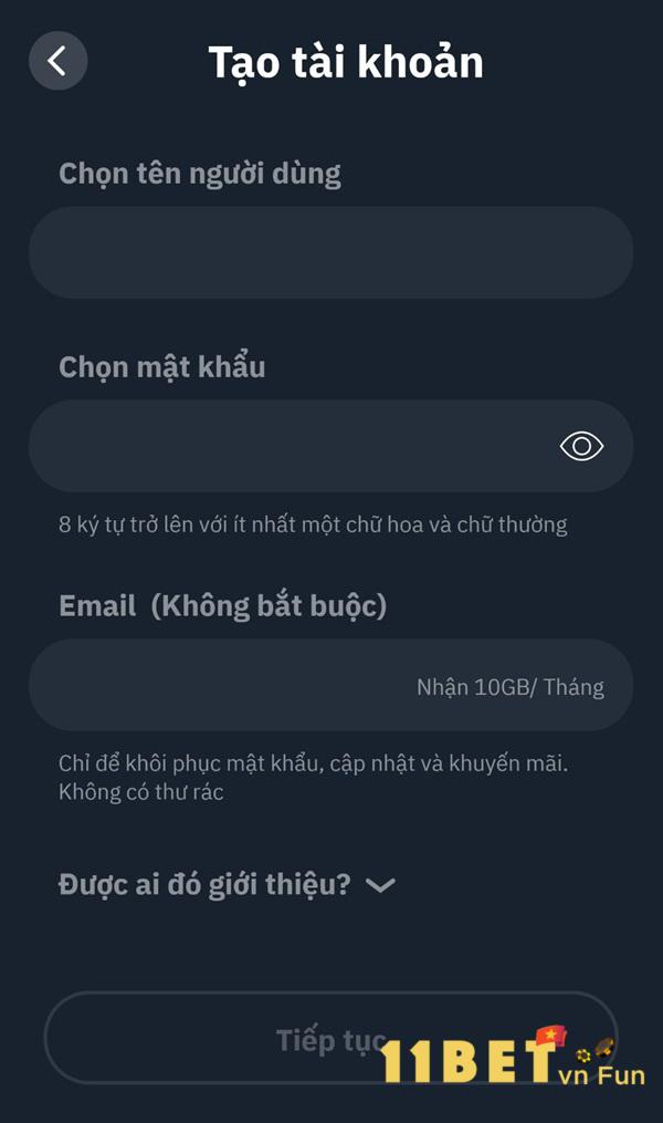Đăng ký tài khoản với các thông tin yêu cầu và nhấn Tiếp tục