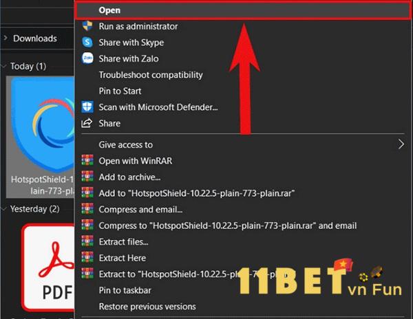 Nhấn chuột phải vào file cài đặt và chọn “Open” để chạy Hotspot Shield